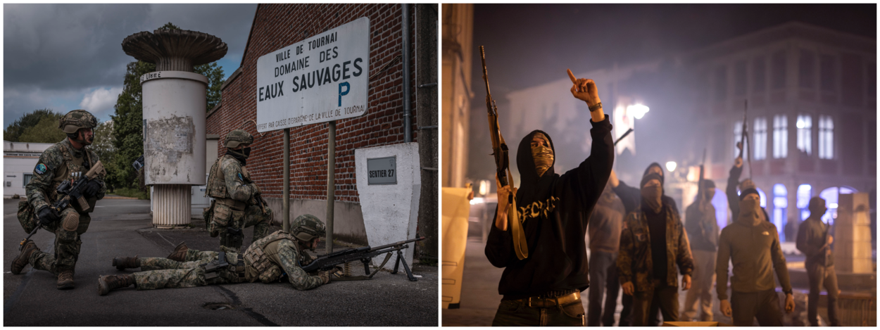 Mariniers liggen met machinegeweren op de grond, in afwachting van wat komen gaat. Daarnaast een afbeelding van gewapende mannen met gezichtsbedekking.