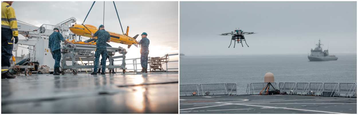 Links: Boven Zr.Ms. Johan de Witt vliegt een drone. Rechts: Aan boord worden grote, gele onbemande systemen versleept.