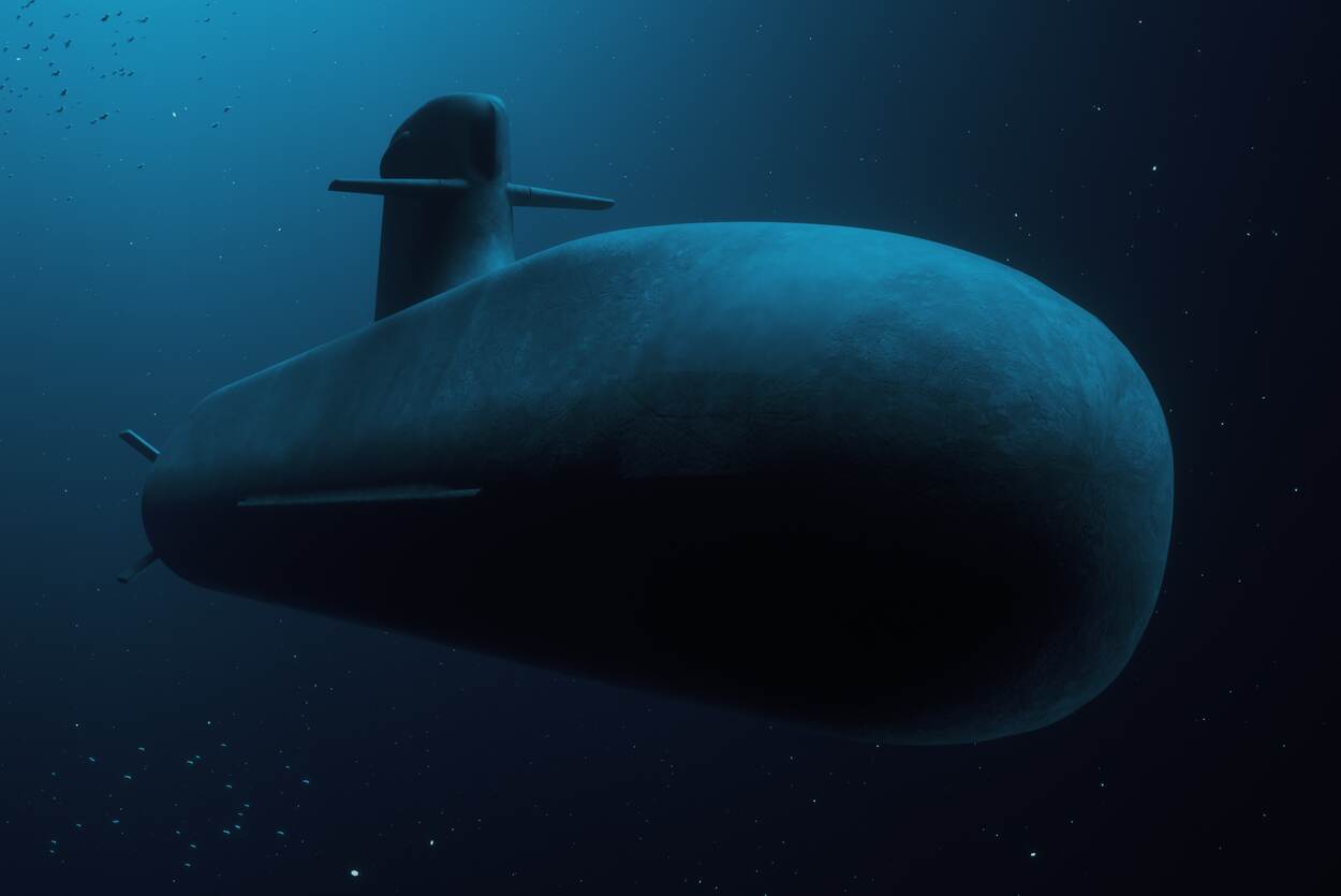 Artist impression van een nog te bouwen onderzeeboot van de Orkaklasse, varend onder water.
