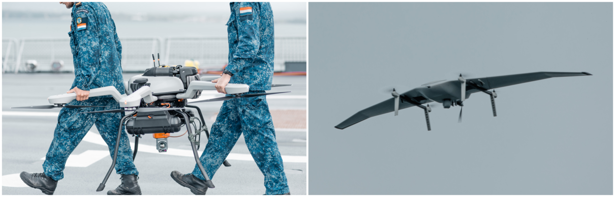 De Acecore Noa Hybrid (links) en de Deltaquad EVO (rechts) zijn 2 drones waarmee het Maritiem Droneteam tijdens REPMUS oefende.