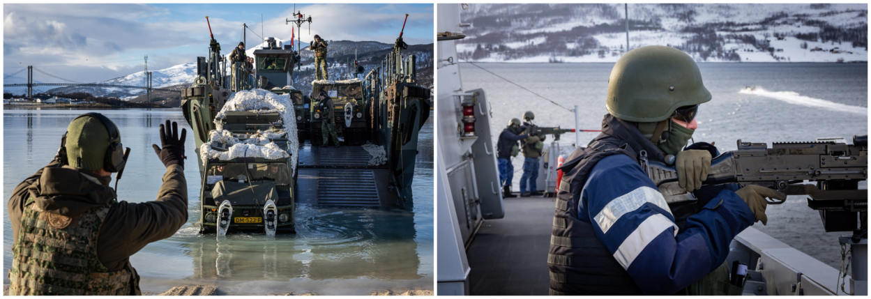 Links: een BV-rupsvoertuig rijdt van de klep af van een landingsvaartuig, gegidst door aan marinier aan land. Recht: twee MAG-schutters bewaken de stuurboordzijde van een landingsvaartuig terwijl het vaartuig de kust nadert.