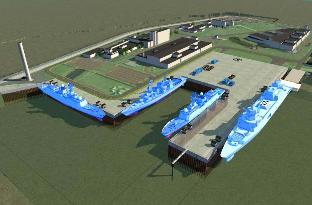 Een artist impression van de nieuwe Berghaven met 4 schepen langs de kades