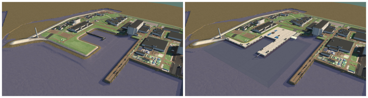 Artist impressions van de huidige en nieuwe situatie in de Berghaven.