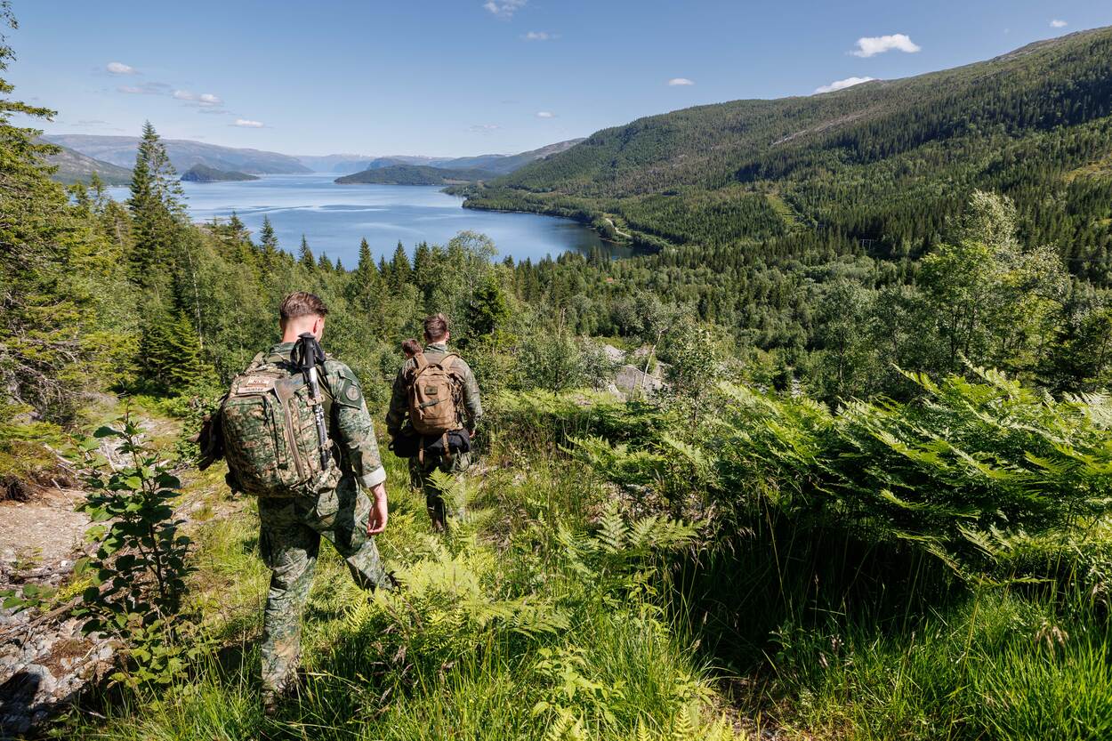 Militairen lopen door de natuur.