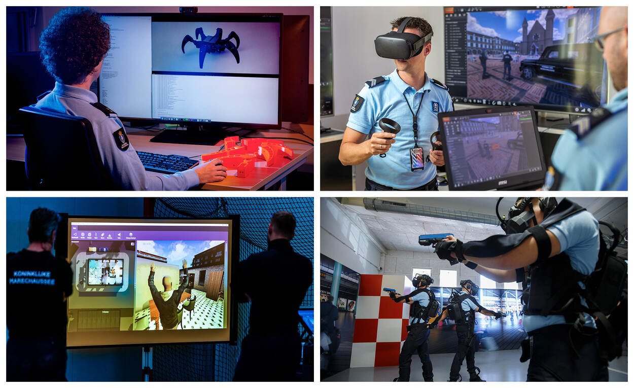 combinatie van vier foto’s met daarop marechaussees die met computers en wapens in een virtuele setting trainen.