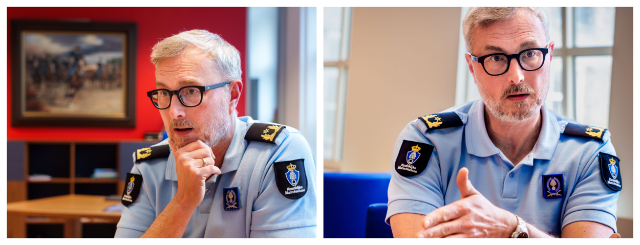 Twee foto’s van generaal Bart Hulsbosch in gesprek tijdens het interview.