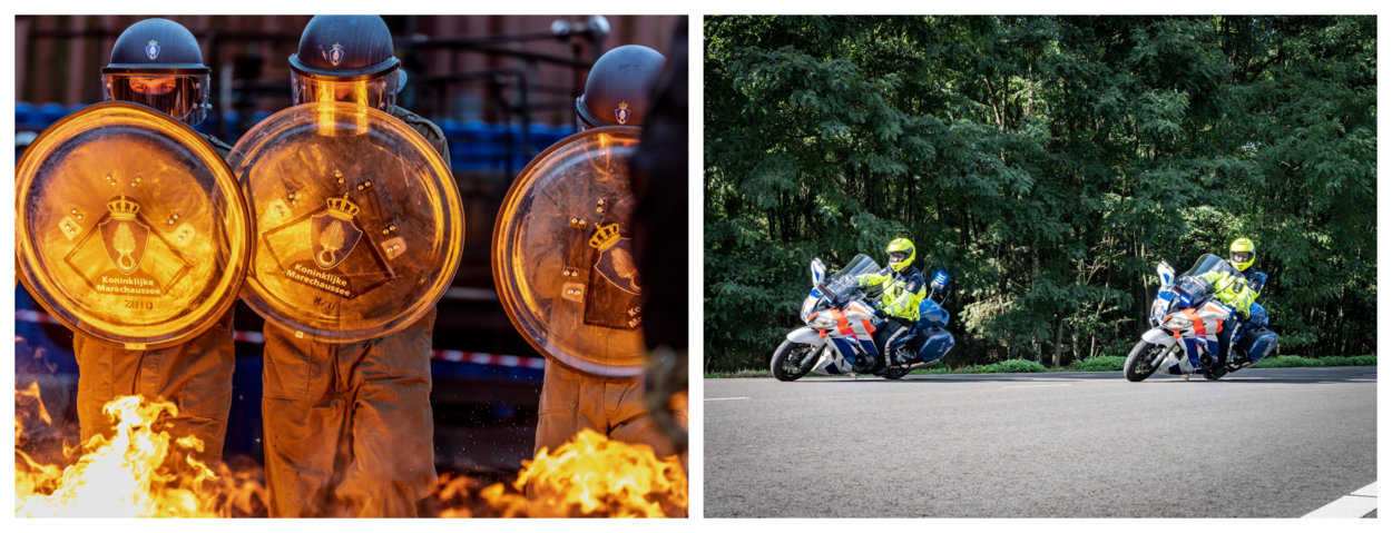 Marechaussee van de Bijstandseenheid lopen op de linkerfoto in ME-tenue met wapenschild door het vuur. Op rechterfoto rijden twee marechaussees op hun dienstmotor.