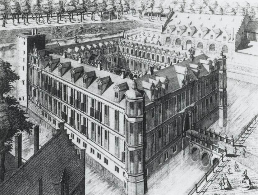 Tekening van een drie verdiepingen hoog kasteel.