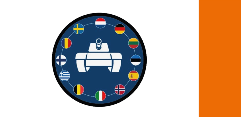 Logo van een organisatie, met in het midden in een tank