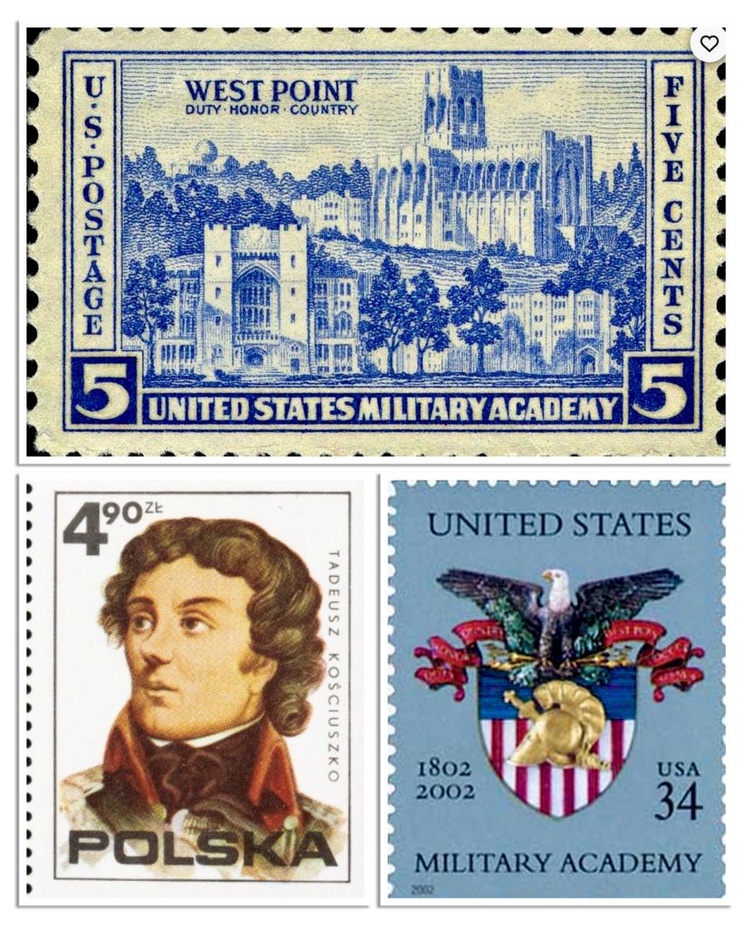 Drie postzegels op een rij met van links naar rechts een Poolse zegel met de beeltenis Thadeusz Kosciuszko, in het midden en rechts zegels ter ere van West Point uit 1937 en 2002.