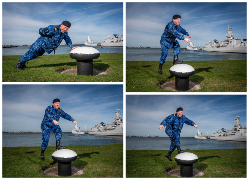 Van links boven naar rechts beneden: Ron Delwel in uniform benut het gehele marineterrein om te kunnen sporten.