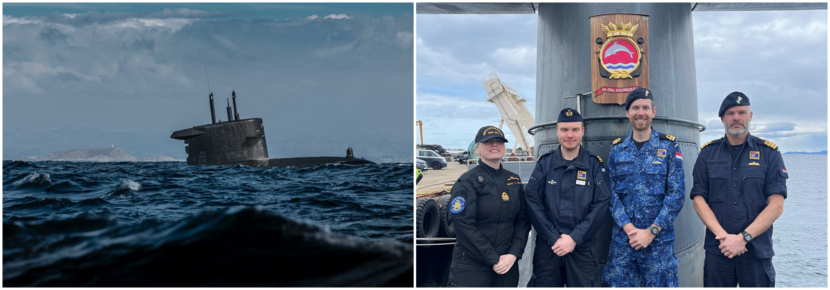 Een onderzeeboot komt boven water plus een groepsfoto van cursisten op het dek van een onderzeeboot.