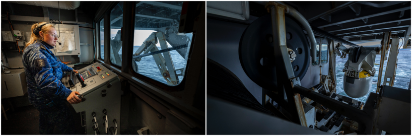 De LFAPS gaat te water, bestuurd vanaf het schip.