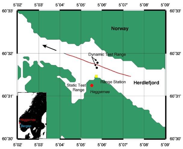 Grafiek van het Noorse fjord waar de Noise Range zich bevindt.