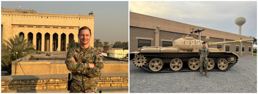 Kapitein-luitenant ter zee (SD) David voor een Iraakse tank en voor ene gebouw op een Iraakse basis.