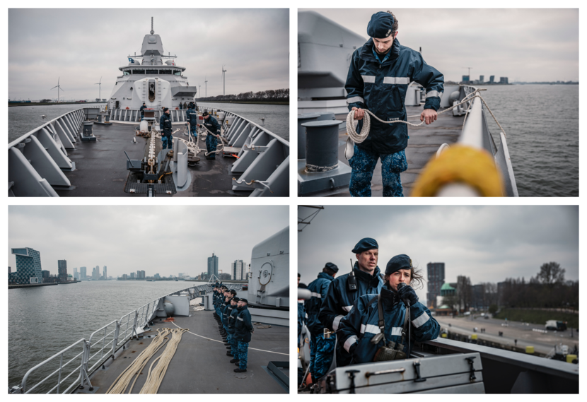 De Tromp vaart Rotterdam binnen. De ‘nauten’ op het dek verrichten voorbereide taken om de aankomst in de Maasstad soepel te laten verlopen.