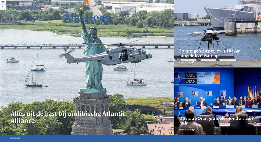 Screenshot van de indexpagina met de 3 hoofdverhalen van deze Alle Hens.