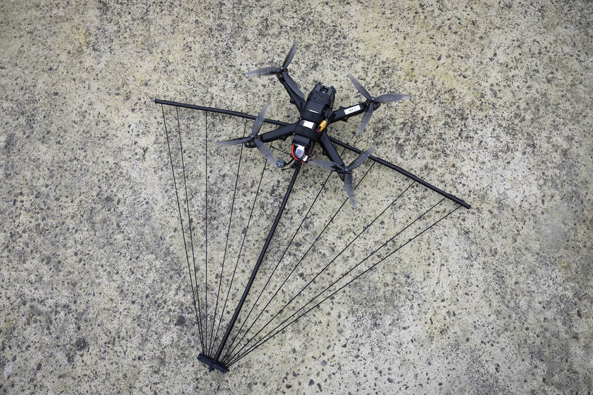 De Griffon met het net eronder, liggend op de grond.