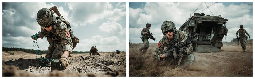 Een militair ligt in het zand met een lang wapen voor zich. Andere foto: een miltair plaatst met de linkerhand een explosief in de zanderige grond.