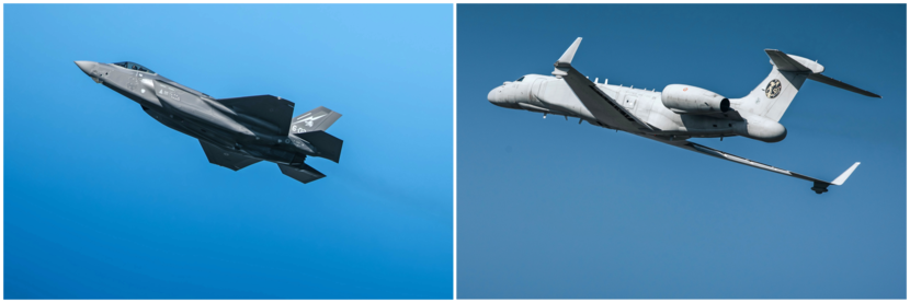 Links: Een vliegende Italiaanse F-35. Rechts: Een vliegende Italiaanse G-550 CAEW.