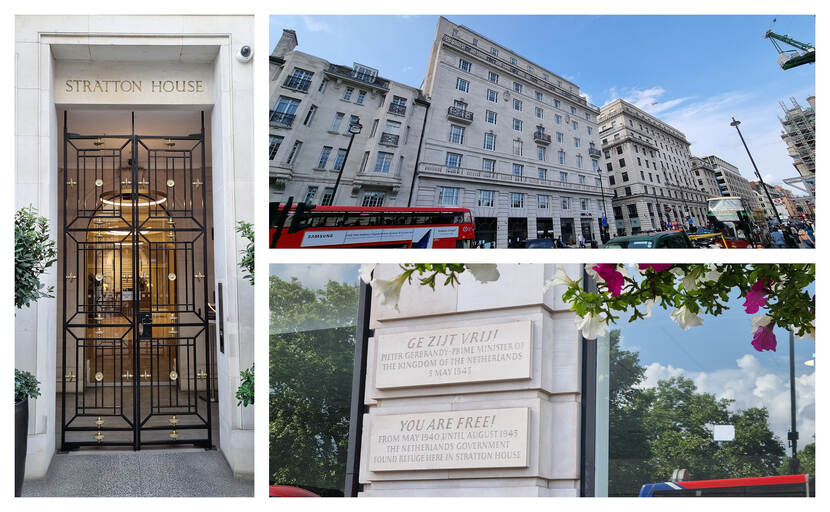 Collage van een groot wit pand aan een weg in Londen met een rode dubbeldekker ervoor, twee herinneringsstenen op een gevel en een toegangsdeur met de naam van het pand erboven.
