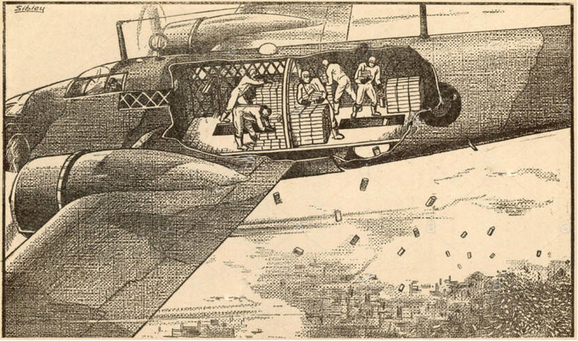 Getekende doorsnede in sepiakleuren van een vliegtuig waarin enkele bemanningsleden bezig zijn met het naar buiten werpen van pamfletten.