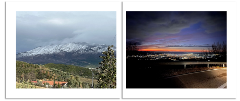 Links: Mount Dajti (Tirana) in de sneeuw. Rechts: Tirana bij nacht.