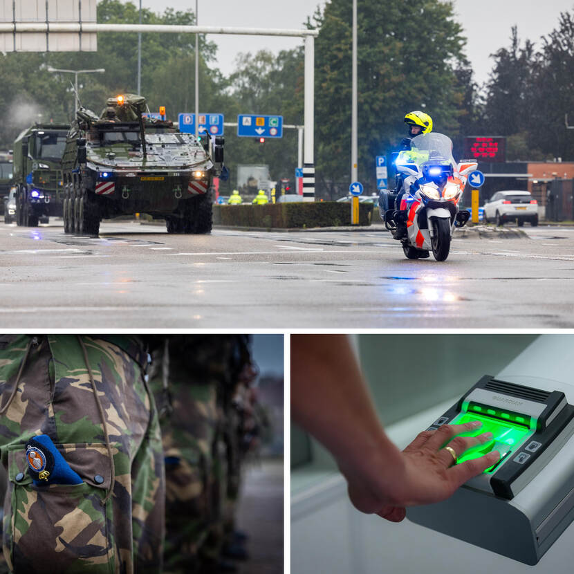 Foto boven: Motorrijder van de Marechaussee begeleidt militair konvooi. Foto linksonder: Blauwe baret zit opgevouwen in zijvak van groene camouflagebroek. Foto rechtsonder: Iemand legt zijn of haar vingertoppen op een scanapparaat met groen licht.