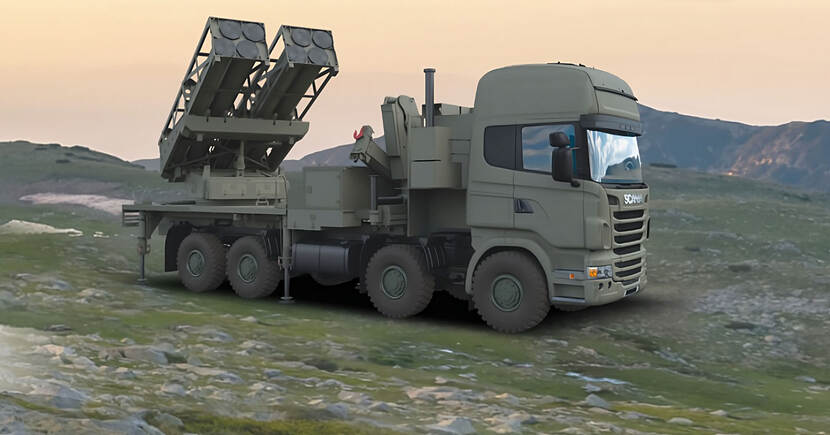 Visualisatie van het raketartilleriesysteem PULS op een Scania vrachtwagen.