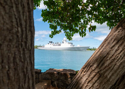 Tussen de bomen door zie je in de verte een Nederlands marineschip in een helderblauwe zee.