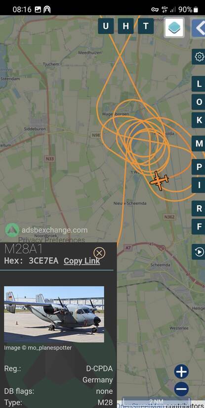 Kaart van het rondcirkelen van het vliegtuigje.