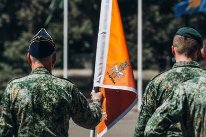 Twee militairen op de rug gezien. Zij houden een vlag vast.