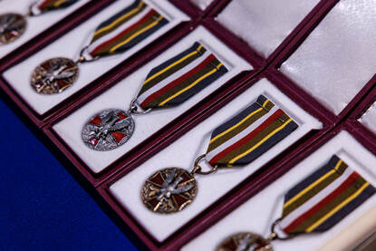 majoor-generaal vlieger Ireneusza Starzynski reikt de Polish Army Medal uit.