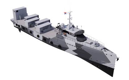Een visualisatie van het ‘Multirole Support Ship’, dat de kleuren grijs en zwart heeft.