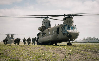 Meerdere boeren hebben hun weiland tijdelijk beschikbaar gesteld zodat Nederlandse en buitenlandse helikopters ze kunnen gebruiken om te landen. Als je goed kijkt zie je rechtsvoor nog net een deel van een .50. Daar zit een doorgunner van de Stafstafcompagnie van 11 Luchtmobiele Brigade achter.
