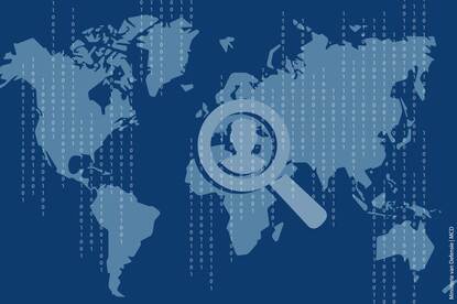 Een graphic van een wereldkaart met een vergrootglas.